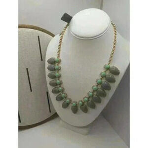 NWT J Crew Statement Necklace Gold Chain Gemstone Teardrop Grey Mint Green